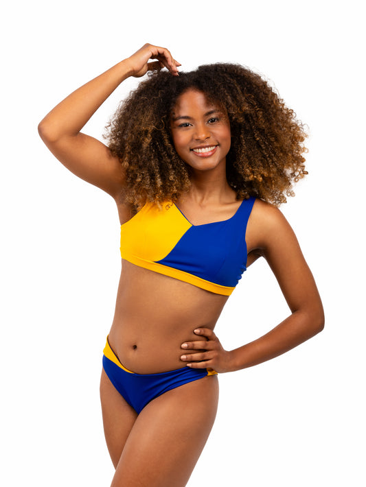 A Blue and ochre yellow prosthetic bikini designed for comfort and style, featuring subtle color contrast and adjustable straps for a perfect fit. 